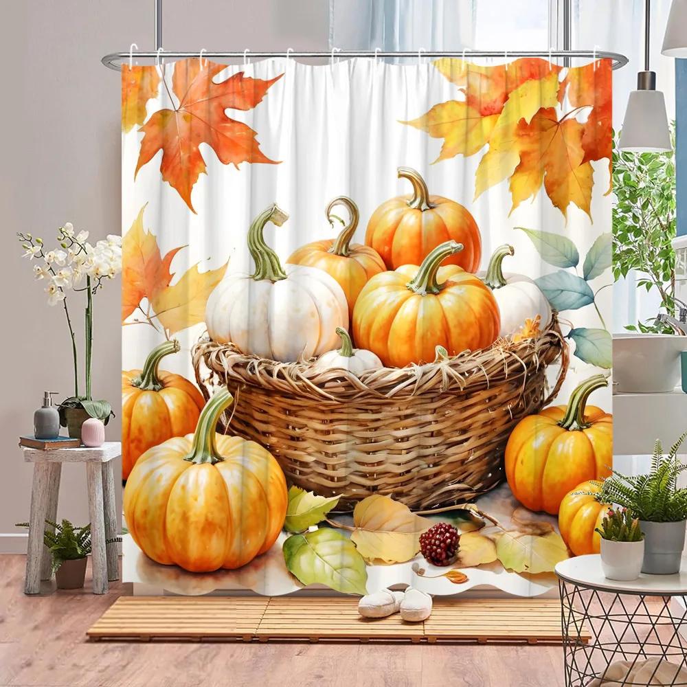 Autumn Scenic Shower Curtain Fall Pumpkin Farm Thanksgiving Butterfly Flower Leaf Barn Polyester Fabric Bathroom Decor Curtains