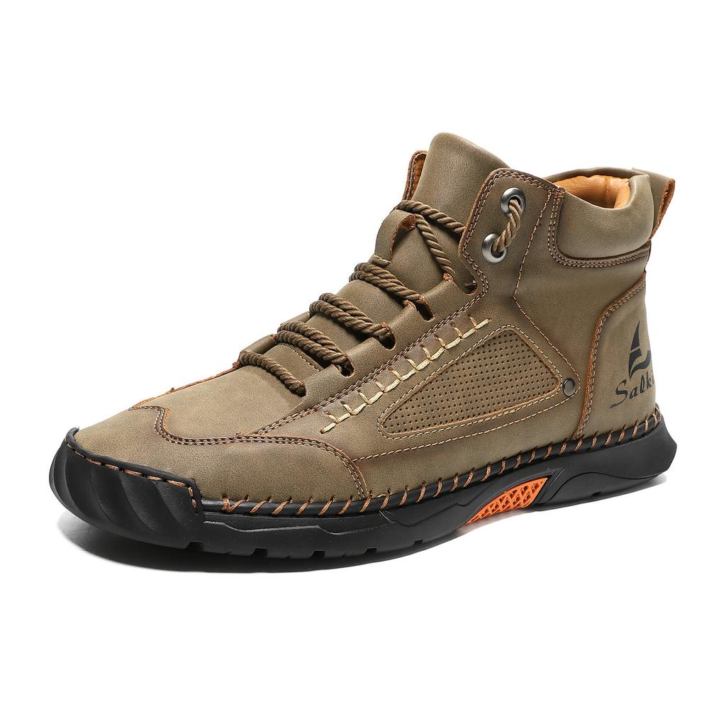 Large-size men's high-top leather boots Hand-stitched ankle boots Flat-soled lace-up casual shoes