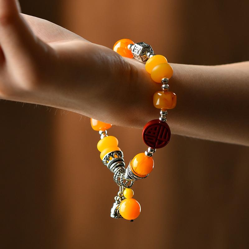 Vintage Bohemian Beeswax Bracelet, Chicken Oil Yellow Single Circle Turquoise Multi Treasure Bracelet Pendant, Temperament Accessory for Women