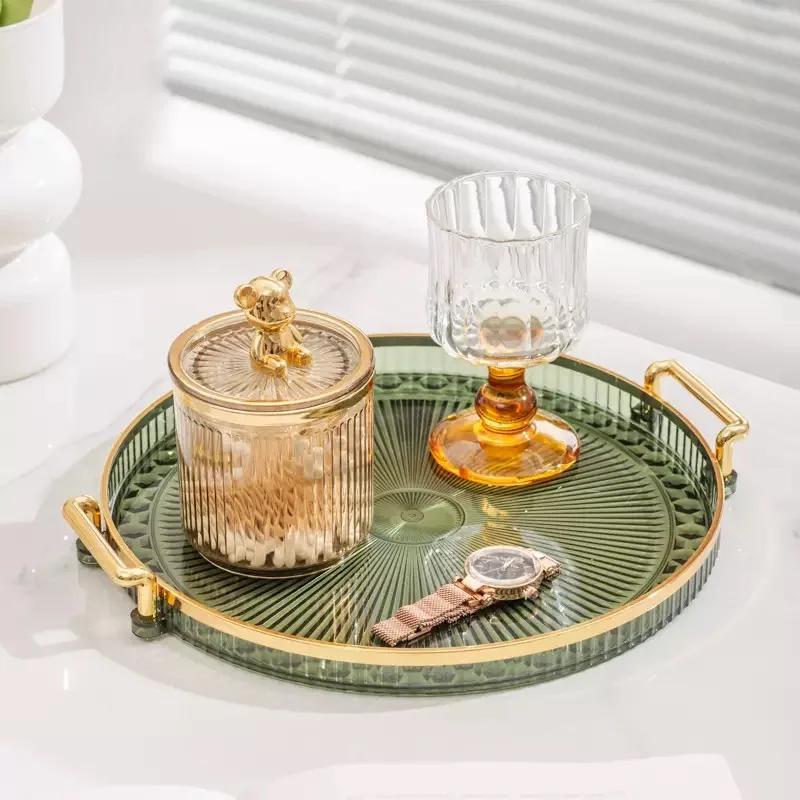 Light Luxury Double-Eared Round Plastic Tray with Gold Edge. Perfect for Displaying Candies&Fruits. Great Home Decoration Piece