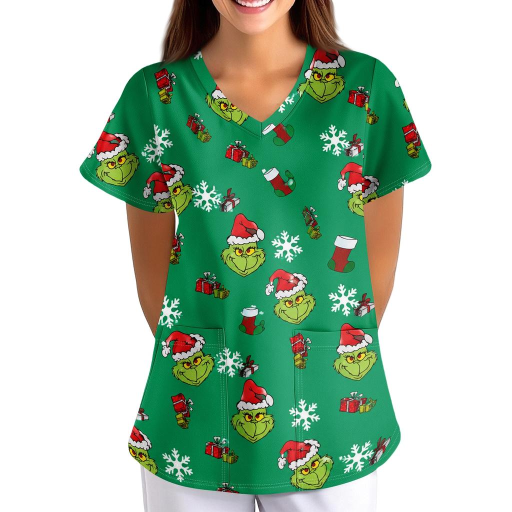 Women's Christmas Print V-Neck Short Sleeve Scrub Top with Pockets, Loose Fit Caregiver