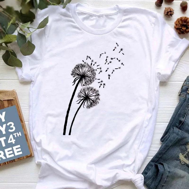 New Summer  Dandelion Butterfly Print Women Tshirt Casual White and Black T-shirt Funny T Shirt Gift for Lady Young Girl Tops