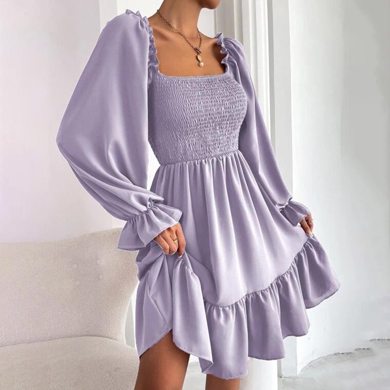 2025 French Minimalist Square-Neck Dress Long-Sleeve High-Waisted Bodycon Dress with Flounced Hem