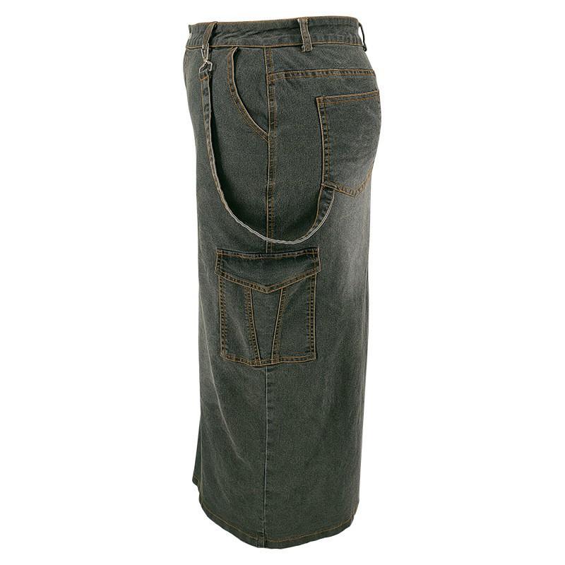 Plus Size Denim Skirt Women With Side Slit Adjustable Strap Midi Long Casual Korean Style