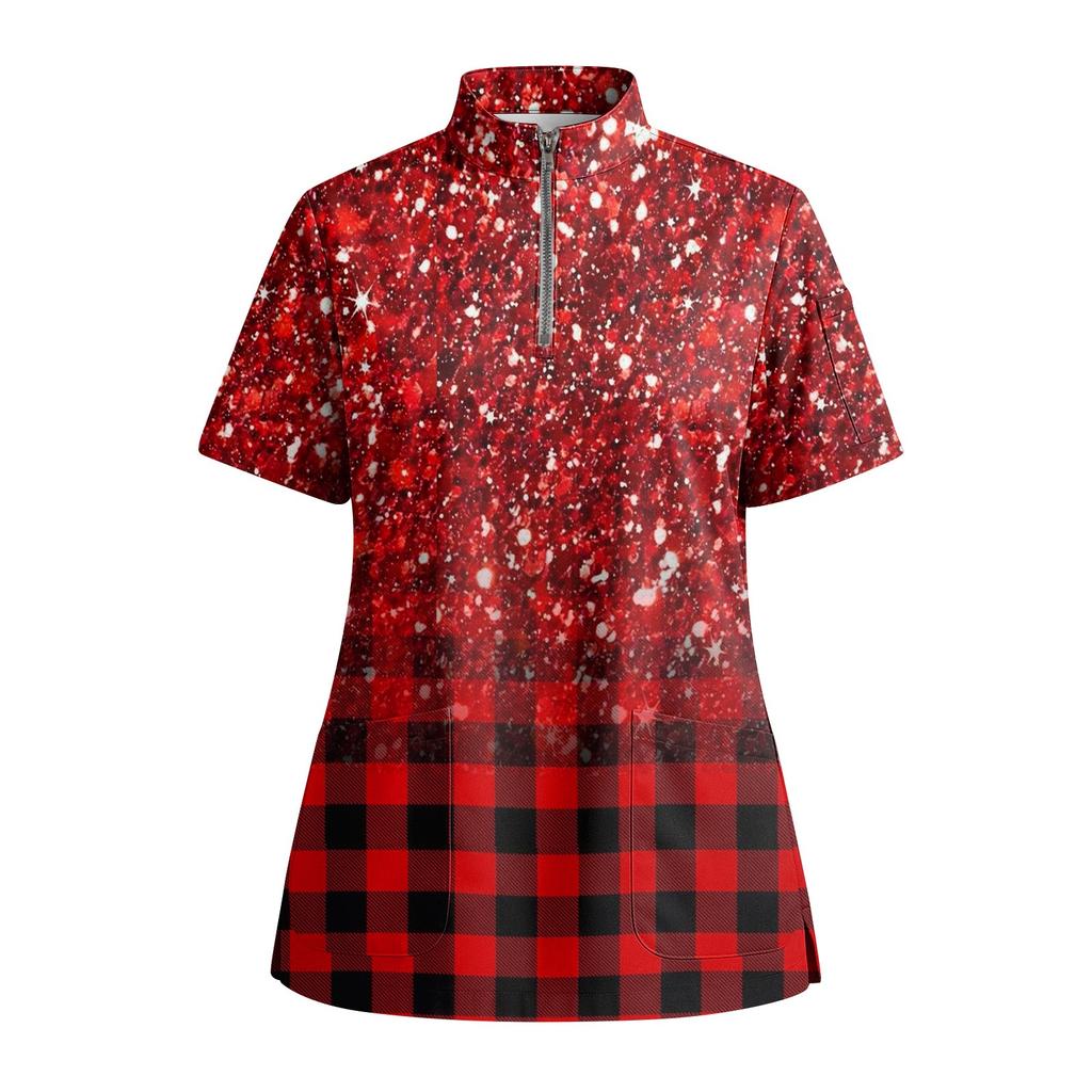 Women's Short Sleeved Printed V-neck Buttonable Side Slit Top T-shirt