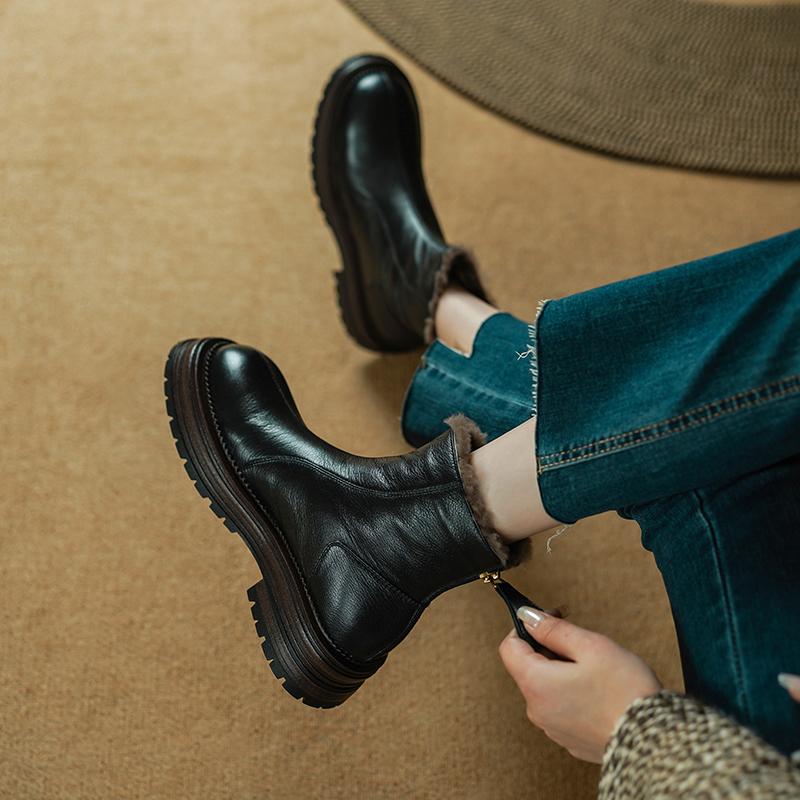 Fashion 2024 Winter Women Boots Round Toe Chunky Heel Shoes Sheepskin Leather Women Shoes Concise Short Boots Warm Wool Snow Boots
