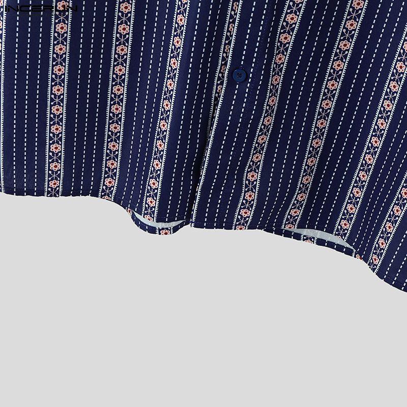 INCERUN Summer Men Lapel Neck Short Sleeve Patchwork Striped Casual Shirts Tops
