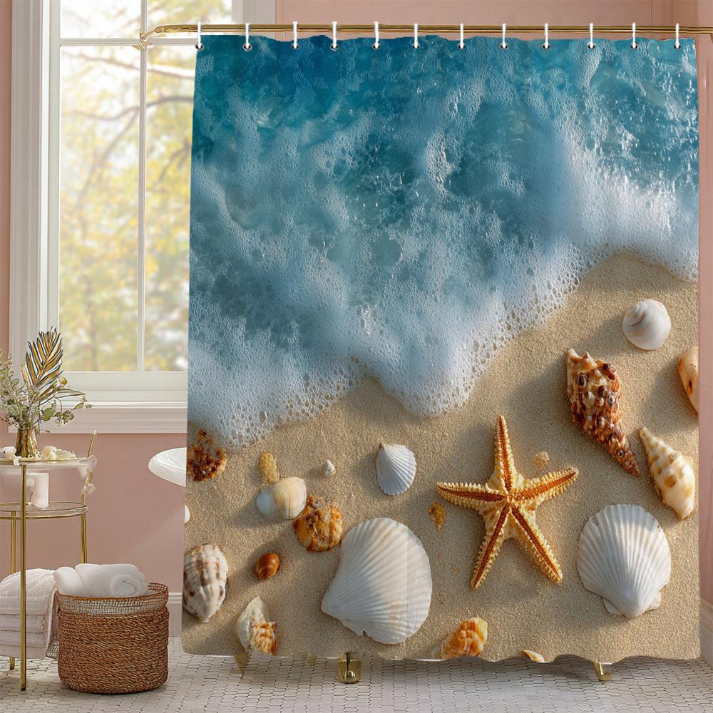 Ocean Beach Scenery Shell Starfish Waves Shower Curtain, Bathroom Decorative Shower Curtain, Printing Shower Curtain With Hooks