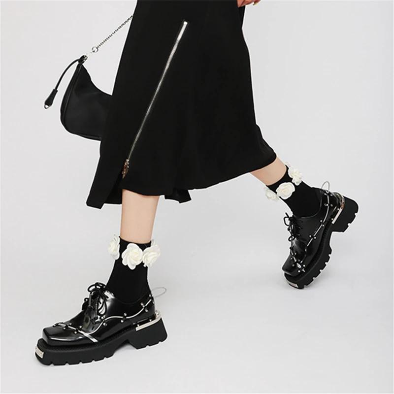 New Retro Metal Decor Women Derby Shoes Thick Sole Leather Shoes Casual Loafers Black Lace-up Platform Flats