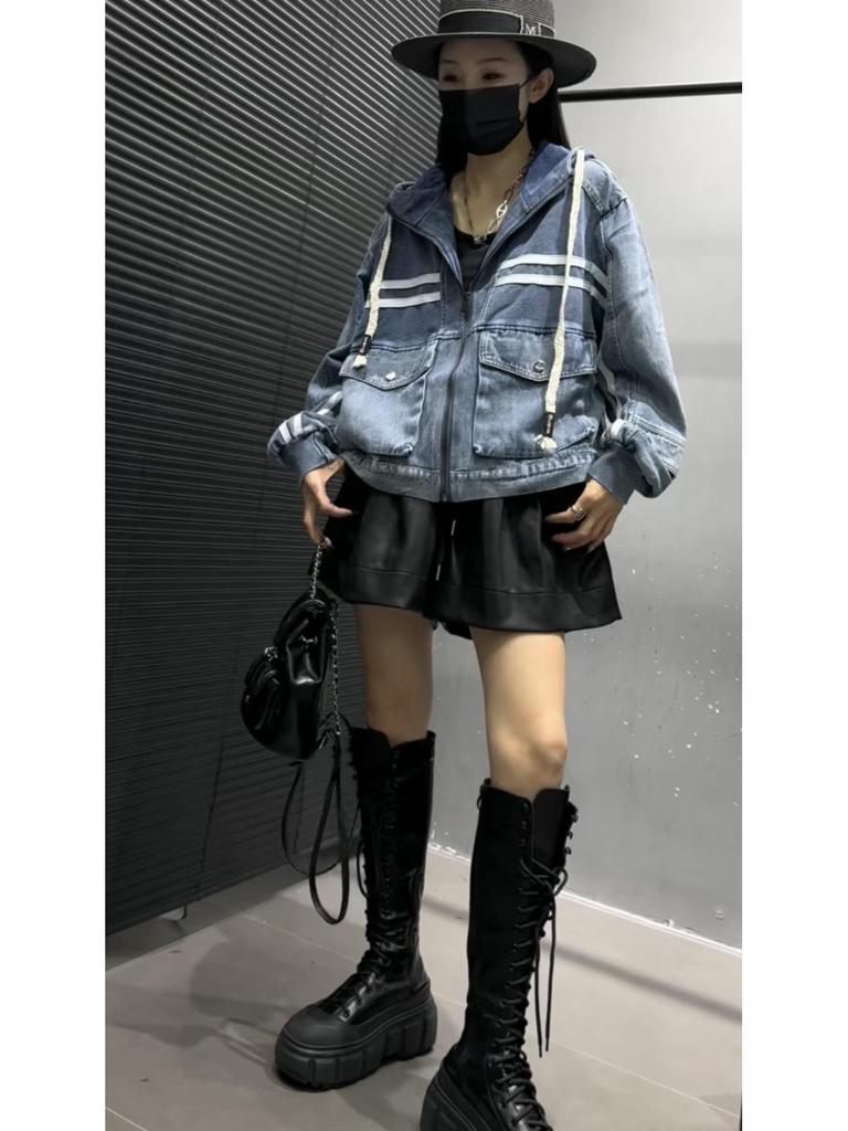 European Women's Denim Jacket: Spring 2026 New Arrival, Striped Patchwork, Large Pockets, Loose Fit, Hooded, Long Sleeve
