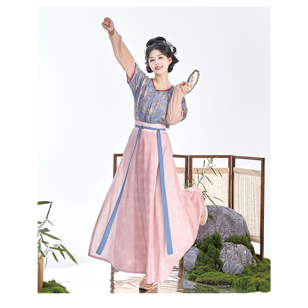 Restore The Chinese Tang Dynasty Style Hanfu Round Neck Shirt Tang Bei Zi And One-piece Skirt Daily Suit For Women