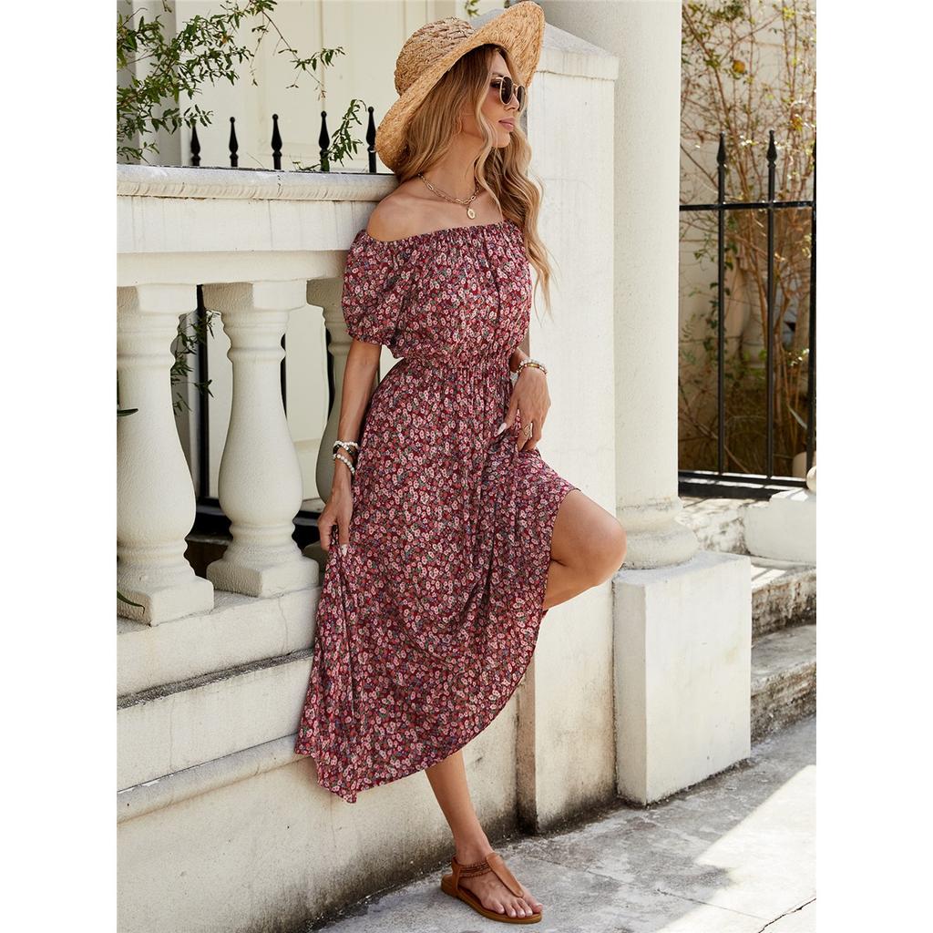 Summer New Floral One Shoulder Short Sleeve Dress Holiday Waisted Big Swing Dresses