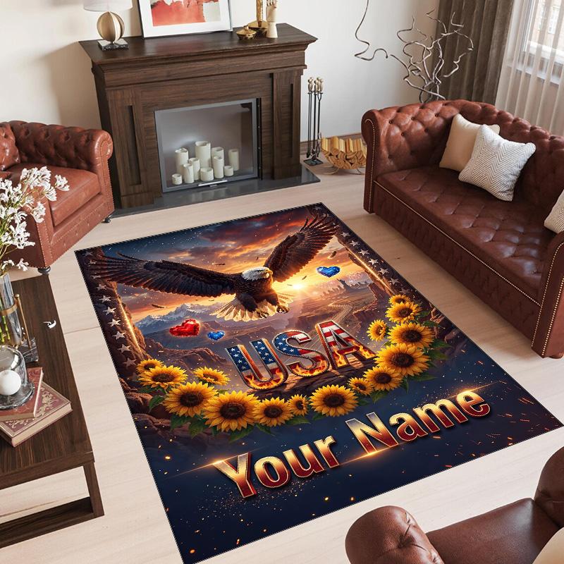 American Patriotic Theme Crystal Velvet Rug Personalized Custom Name Text Soft Floor Mat Home Decor