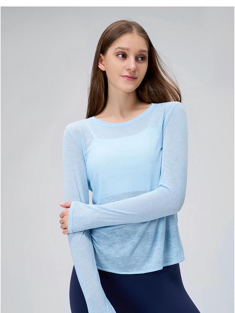 Bamboo Slub Loose Long Sleeve Yoga Top - Breathable, Hollow-Out Back, Slimming Cover-Up for Women