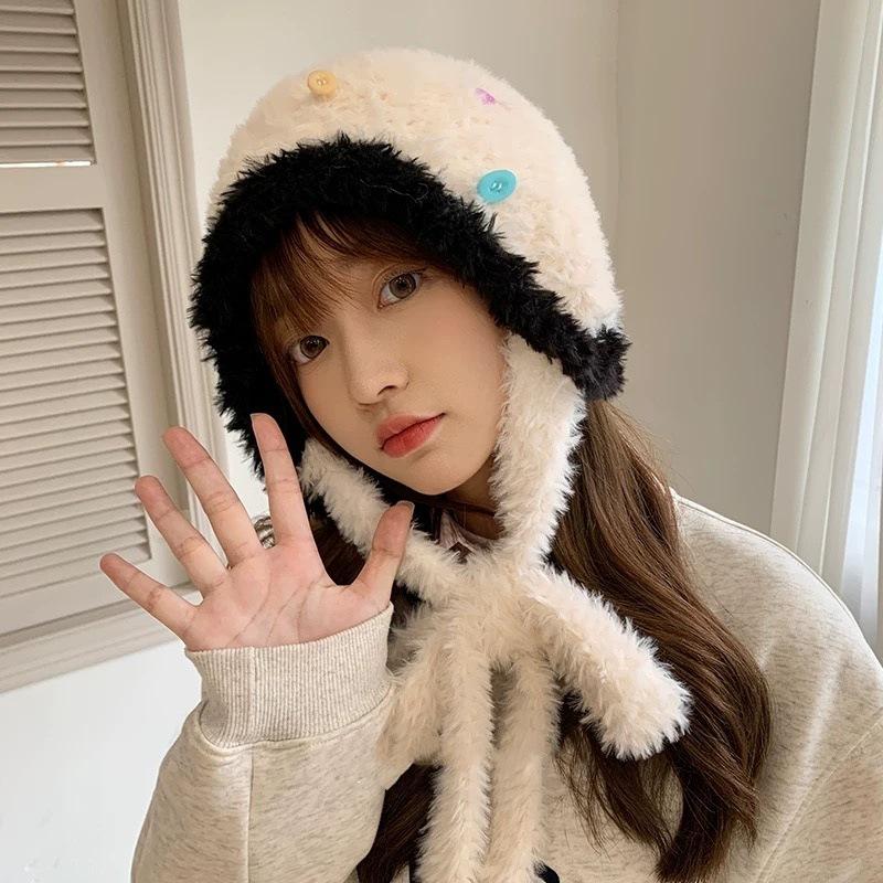 Can be used as a bag to keep warm in winter, ear protectors, plush hat, plush and thickened, cute hat women's knitting