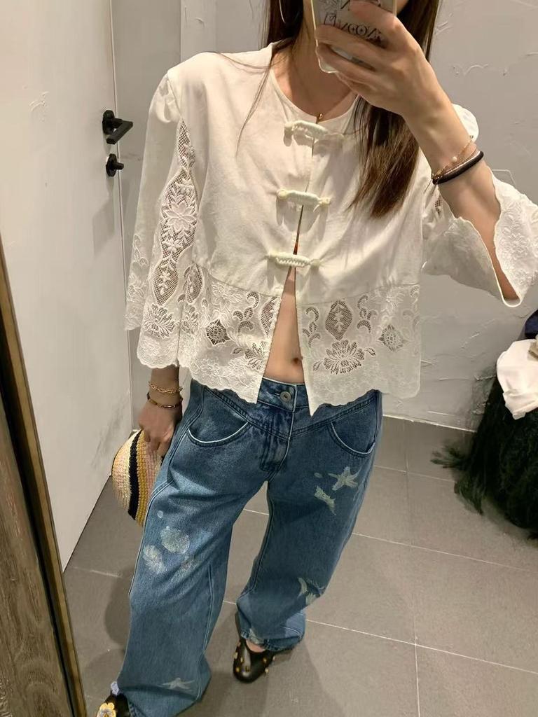 Women's French Retro Short Sleeve Lace Embroidered Top