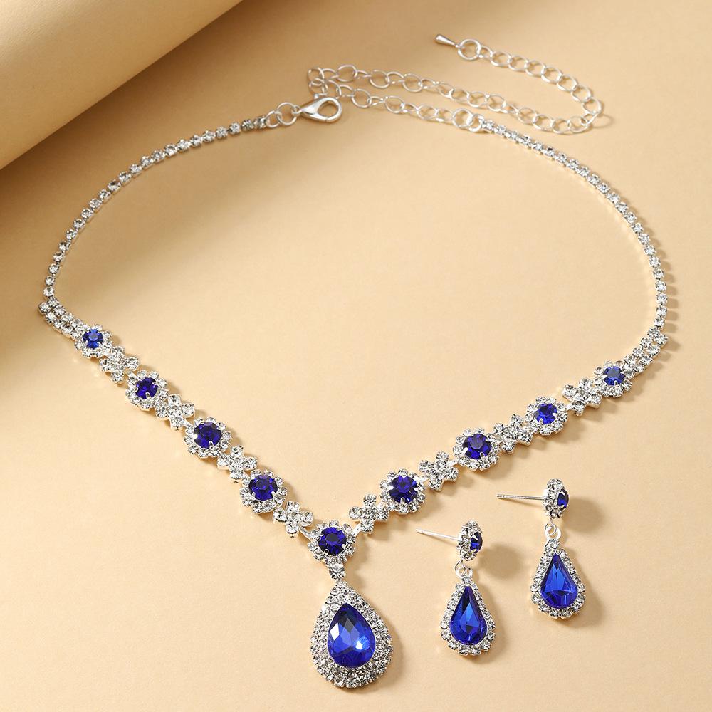 European and American Crystal Blue-Green Teardrop Necklace and Earring Set