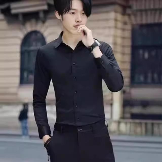 Herren Langarm Businesshemd, Koreanischer Stil, Bügelfrei, Weiß/Schwarz, Sommer Arbeitskleidung