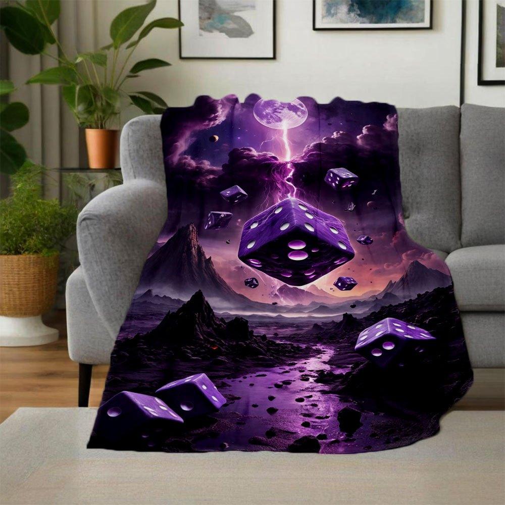 Purple Dice Fantasy Landscape Wall Art PrintBlanket Flannel Throw Blanket for Sofa, Bed, Travel, Camping, Office