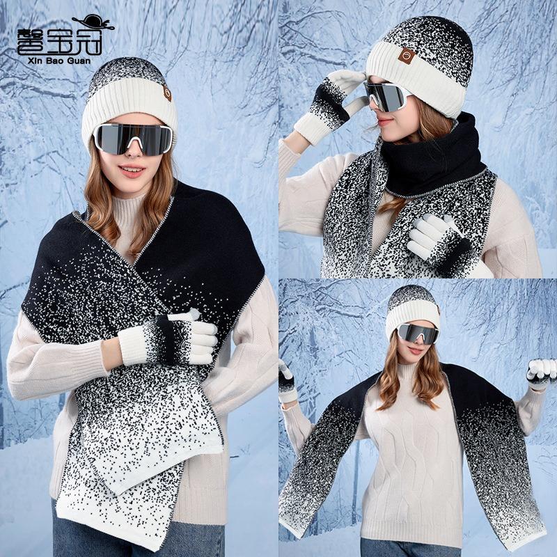 Winter hat, gloves, scarf, three-piece set, outdoor cold-proof and warm pullover hat, fleece ear protector, knitted wool hat for women