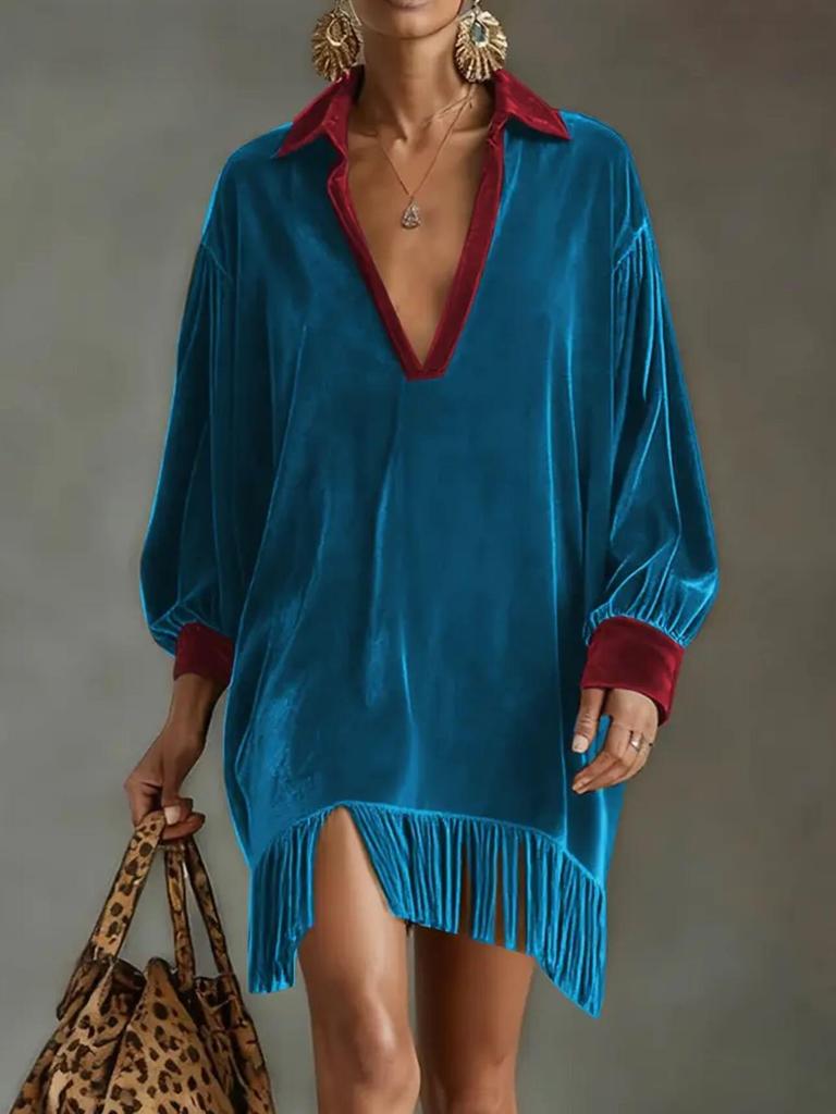 2026 Retro Color Block Tassel Lapel Dress - Long Sleeve, Loose Fit with Pockets for Women