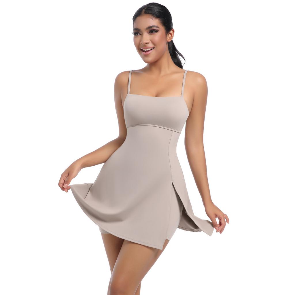 Anti Glare Base Sports And Fitness Dress With Chest Cushion, Breathable Nude Suspender, Yoga Jumpsuit, Tennis Dress For Women