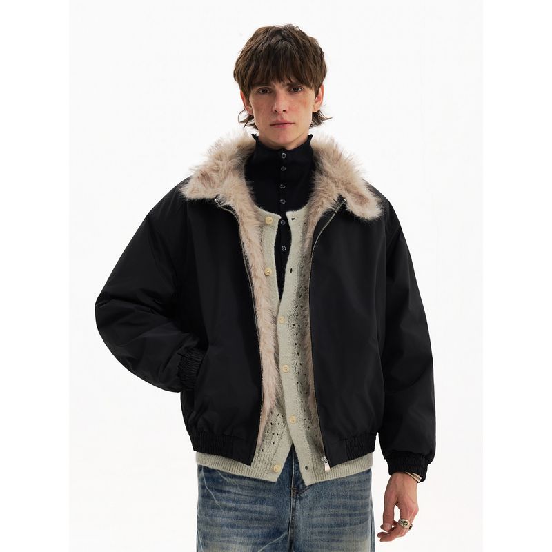 Blaexit Faux Rabbit Fur Collar Green Harrington Jacket Men's Thickened Winter Cotton Short Coat
