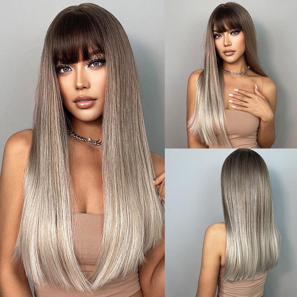 HENRY MARGU Ombre Dark Black Brown Synthetic Wigs with Bangs Layered Hair Wig for Black Women Party Cospaly Heat Resistant