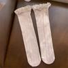 Women Winter Fall Vertical Striped Ribbed Knit Long Socks Japanese JK Sweet Frilly Ruffle Lace Trim Knee High Stockings