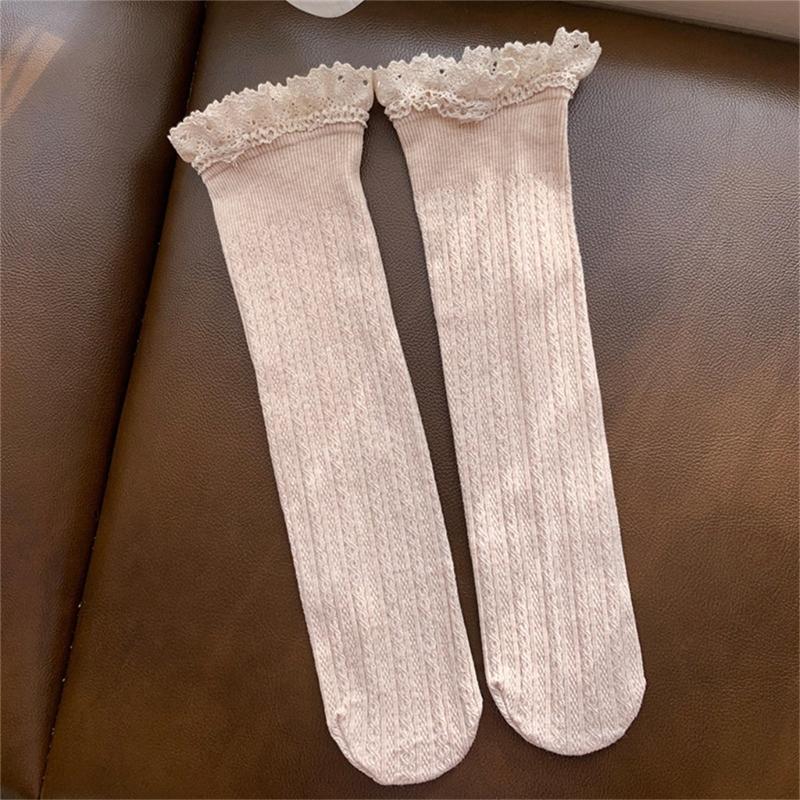 Women Winter Fall Vertical Striped Ribbed Knit Long Socks Japanese JK Sweet Frilly Ruffle Lace Trim Knee High Stockings