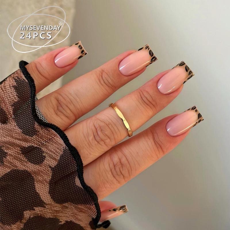 Nude Leopard Fransk Manikyr Brukbare Negletupper - 24 Korte Stykker