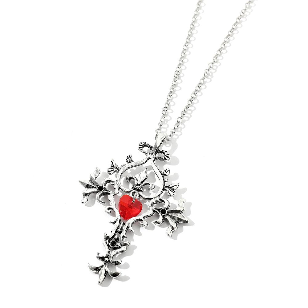 The Vampire Diaries Red Crystal Sacred Heart Cross Pendant Necklace Vintage Gothic Jewelry For Women Girls Gifts