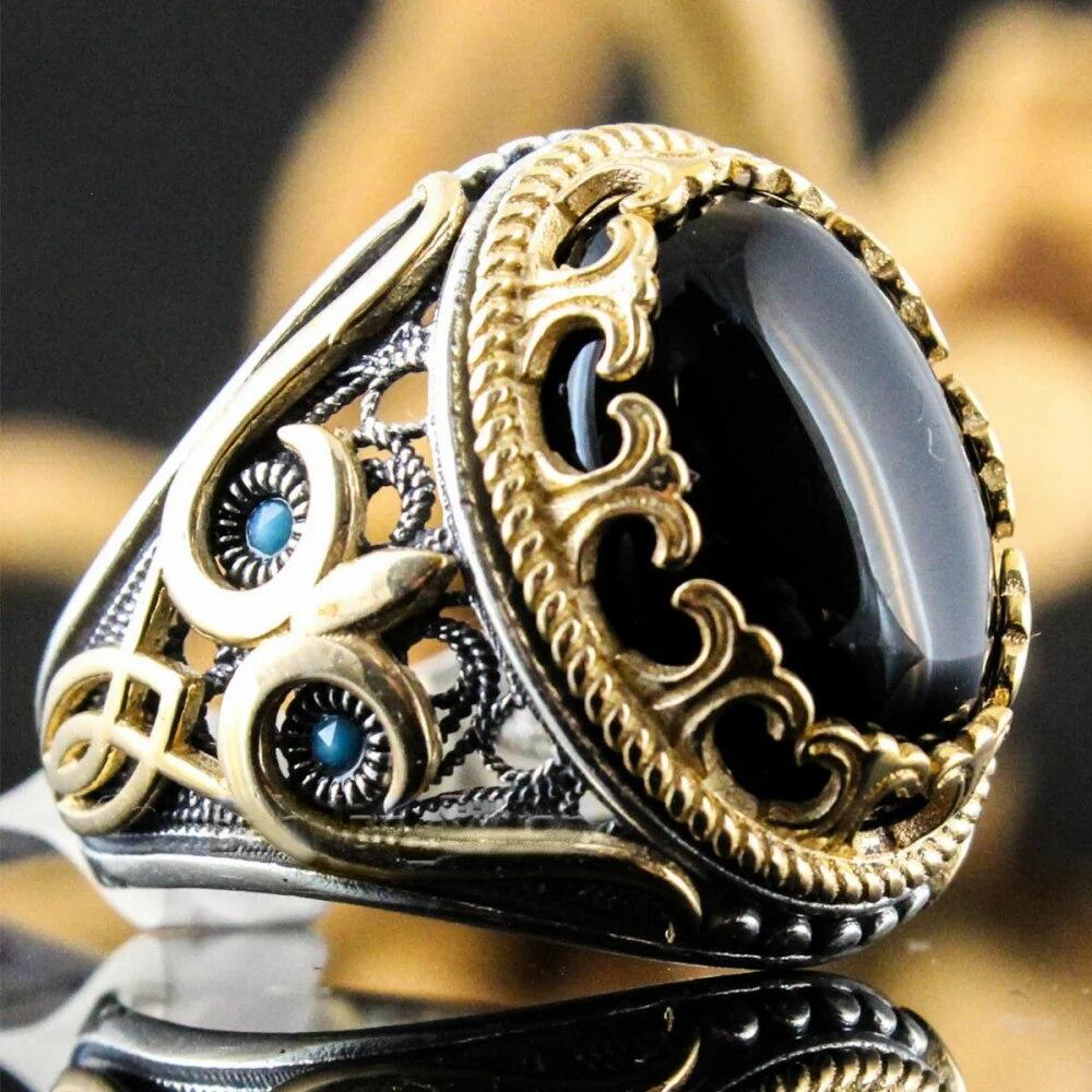 Handmade Turkish Jewelry Big Oval Natural Turquoise Stone Rings For Men Retro Green Red Blue Zircon Wedding Rings For Women