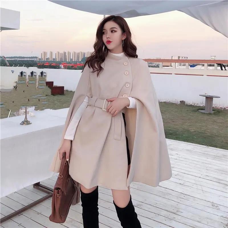 Korean Style Solid Color Loose Cape Coat Medium Length Wool Coat with Waist Women Winter Tops for Women