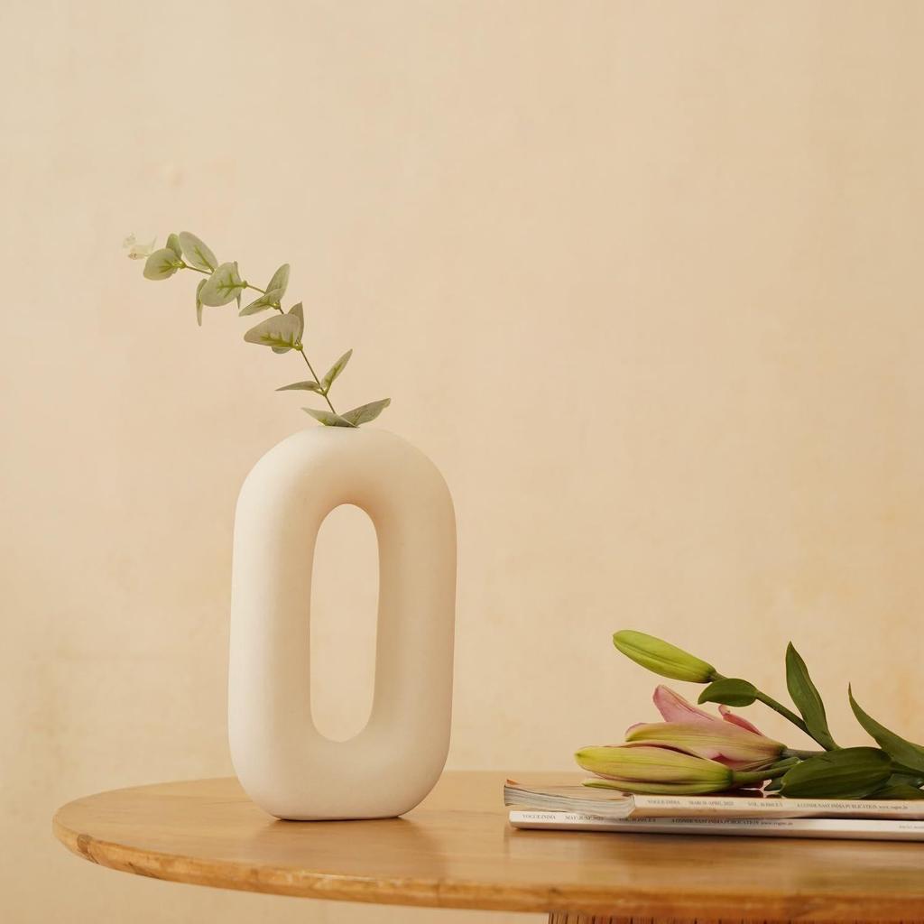 White Ceramic 'Polo Donut Vase' Set of 2 (9 & 8 Inches) | Decorative Donut Ring Vase for Dried Flowers and Pampas Grass | Vases for Home Decor