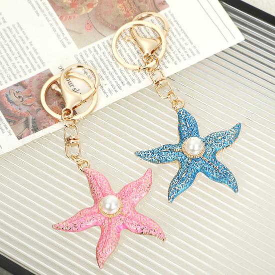 Keychain Pendant Starfish Design Zinc Alloy Key Chain with Imitation Pearl Inlaid Anti-Oxidation Lobster Clasp Key Pendant