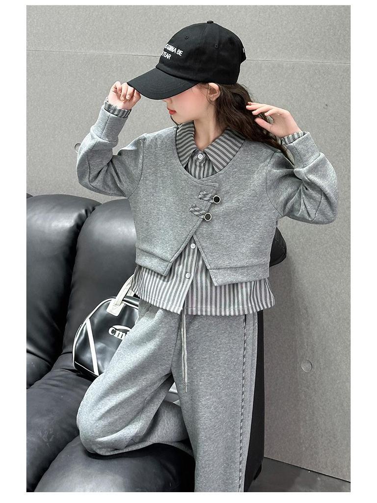 Girls' 2025 Fleece-Lined Set: Trendy Two-Piece Striped Top & Casual Pants for Autumn/Winter