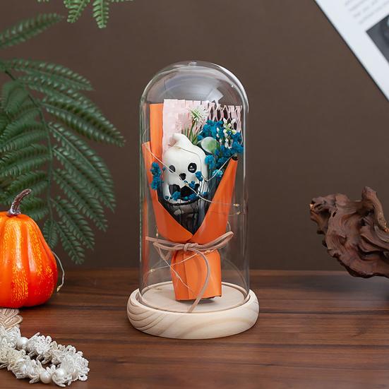 LED Clear Dome Pumpkin Night Light Halloween Pumpkin Figurine in Cloche with LED Light for Home Kitchen Mantel Tabletop Decor