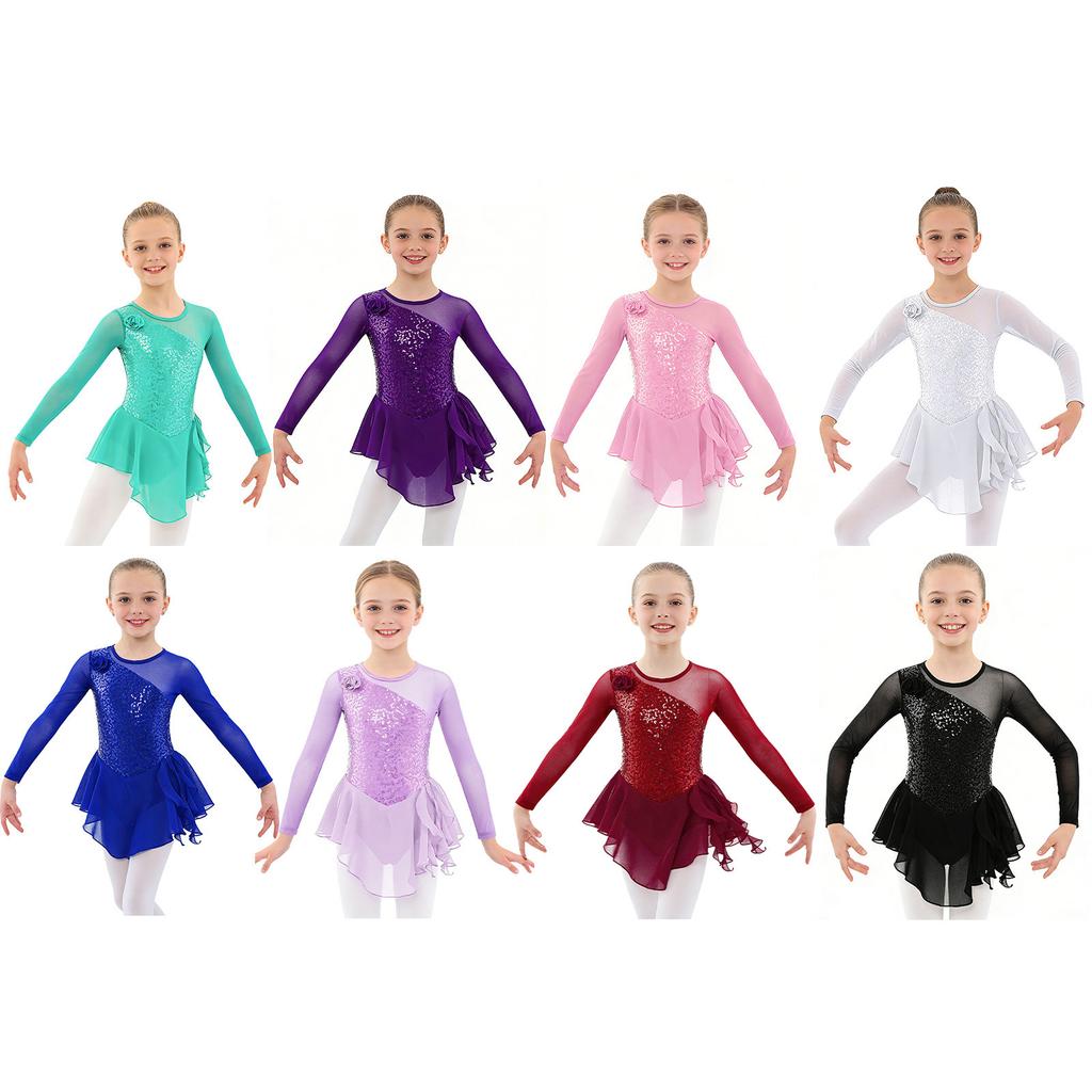 Girls Jazz Dance Bodysuit Rhythmic Gymnastics Stage Wear Sequin Tulle Splice Long Sleeves Cutouts Back Figure Ice Skating Athletic Skirted Leotard