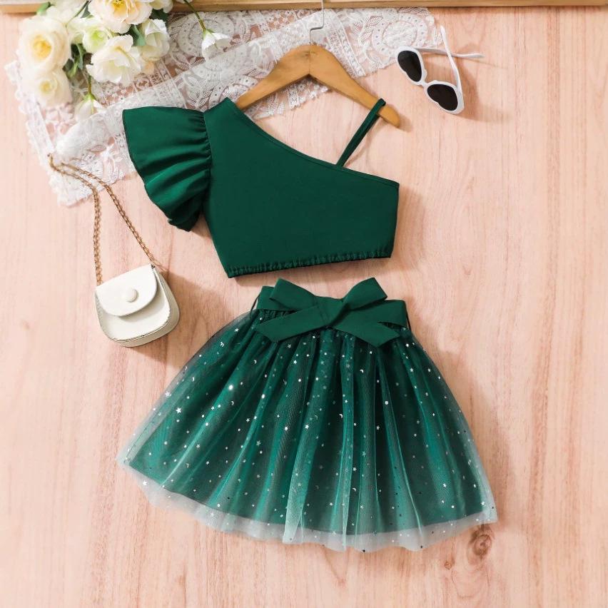 Girls' Flutter Sleeve One-Shoulder Camisole & Bow Gradient Starry Mesh Dress Set