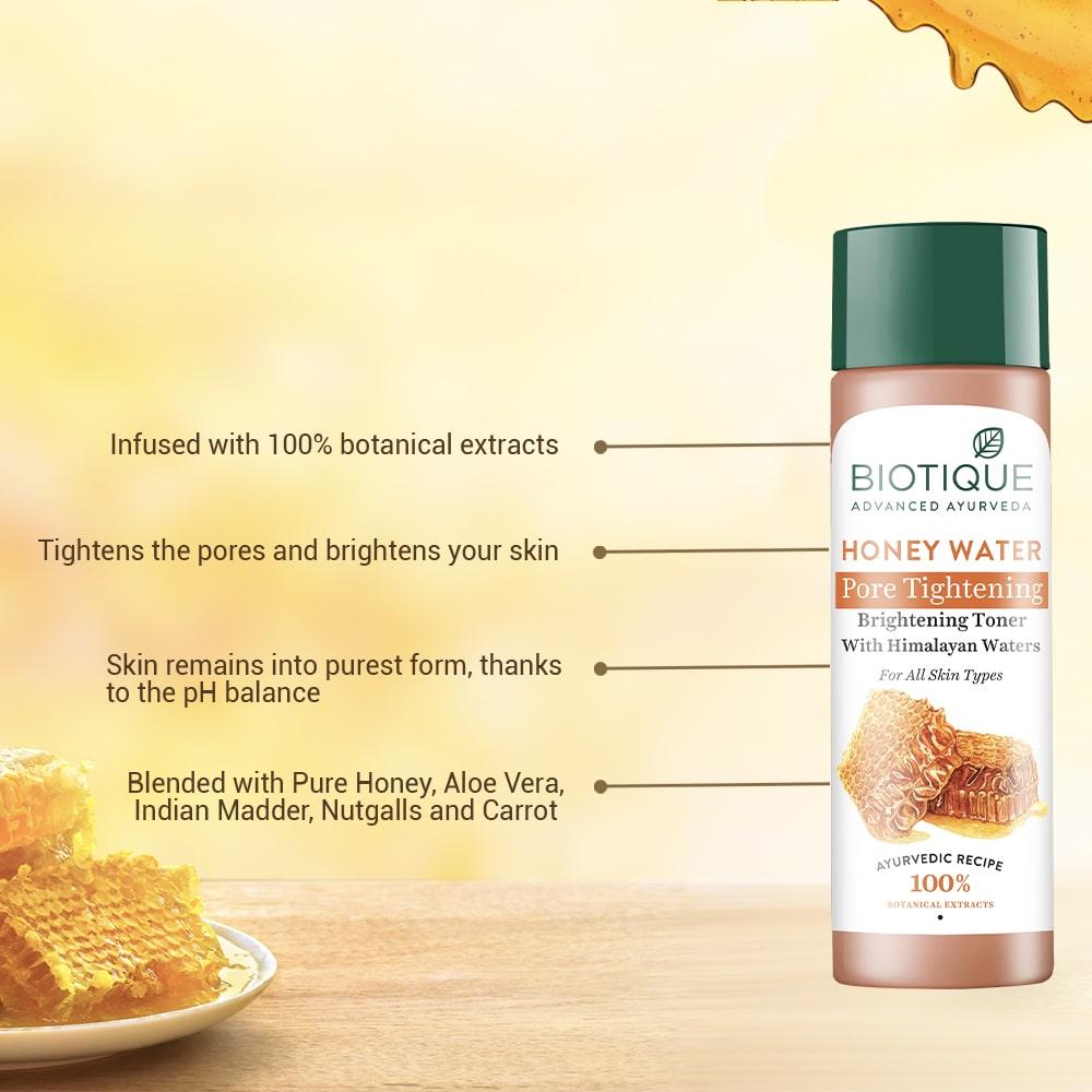 Biotique Honey Water Toner For Pore Tightening & Brightening Skin | 120ml | pH Balance | Hydrating Botanical Extracts