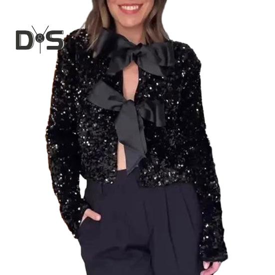 

Женское осенне-зимнее укороченное пальто с круглым вырезом и длинным рукавом, сексуальное пальто для ночного клуба, блестящий кардиган с бантом на шнуровке, верхняя одежда для вечеринок и клуба M чёрный