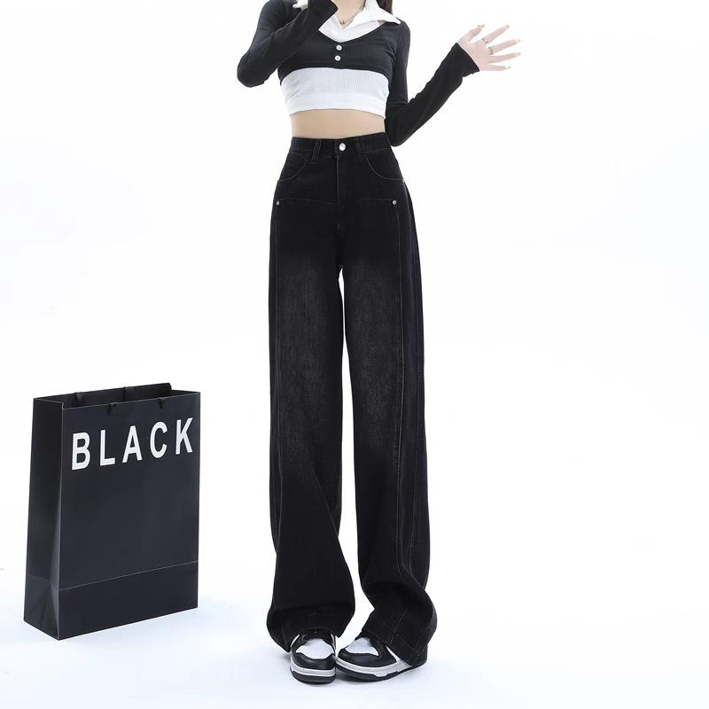 

2024 Женские Ретро Черные и Серые Джинсы с Высокой Посадкой и Широкими Штанинами в Пол 3XL серый/чёрный