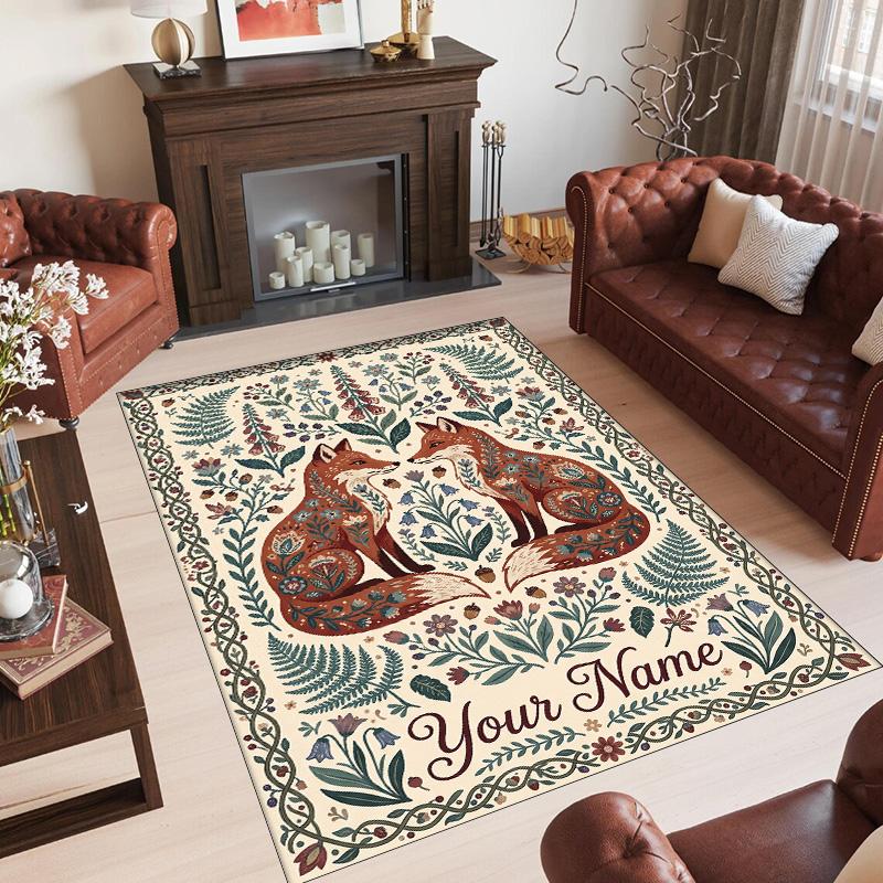 Fox Theme Crystal Velvet Floor Rug Personalized Custom Name Text Warm Carpet Home Decoration
