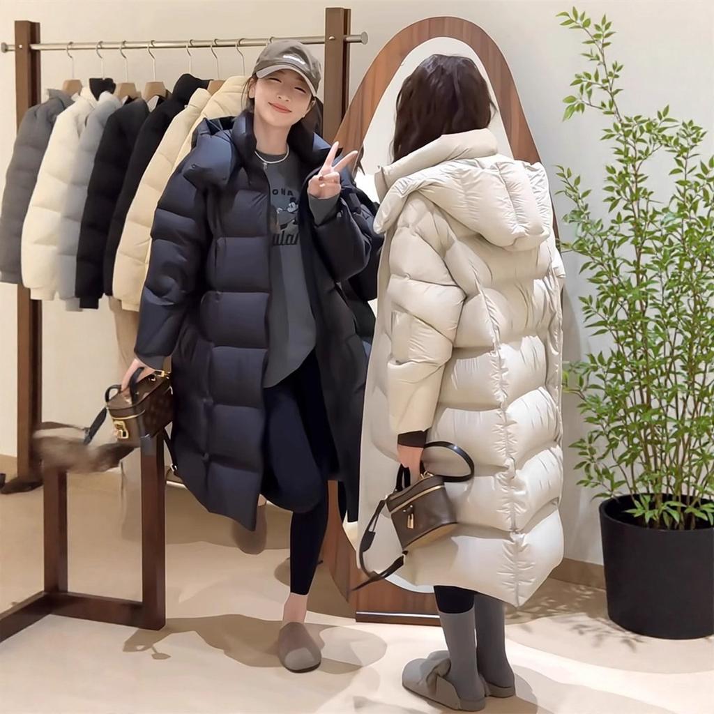 Winter new European hooded puff down jacket women's long simple white duck down jacket