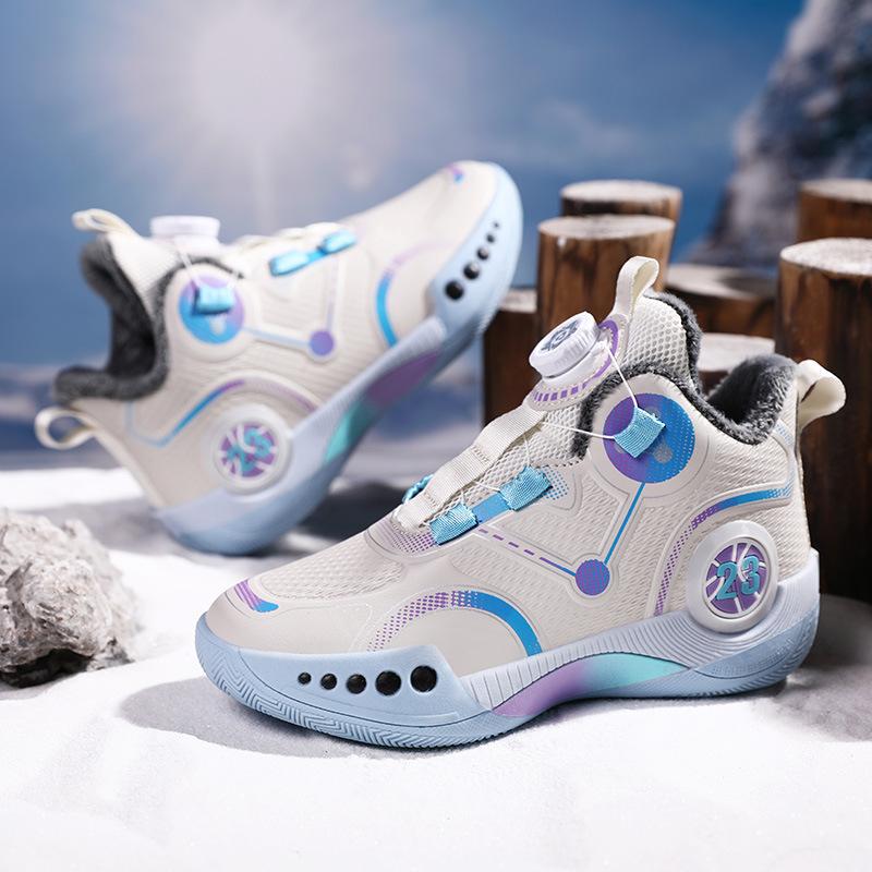 Children's Basketball Shoes Velvet Cotton Shoes Boys Actual Combat Middle and Older Children Non-slip Rotating Button Running Shoes Men
