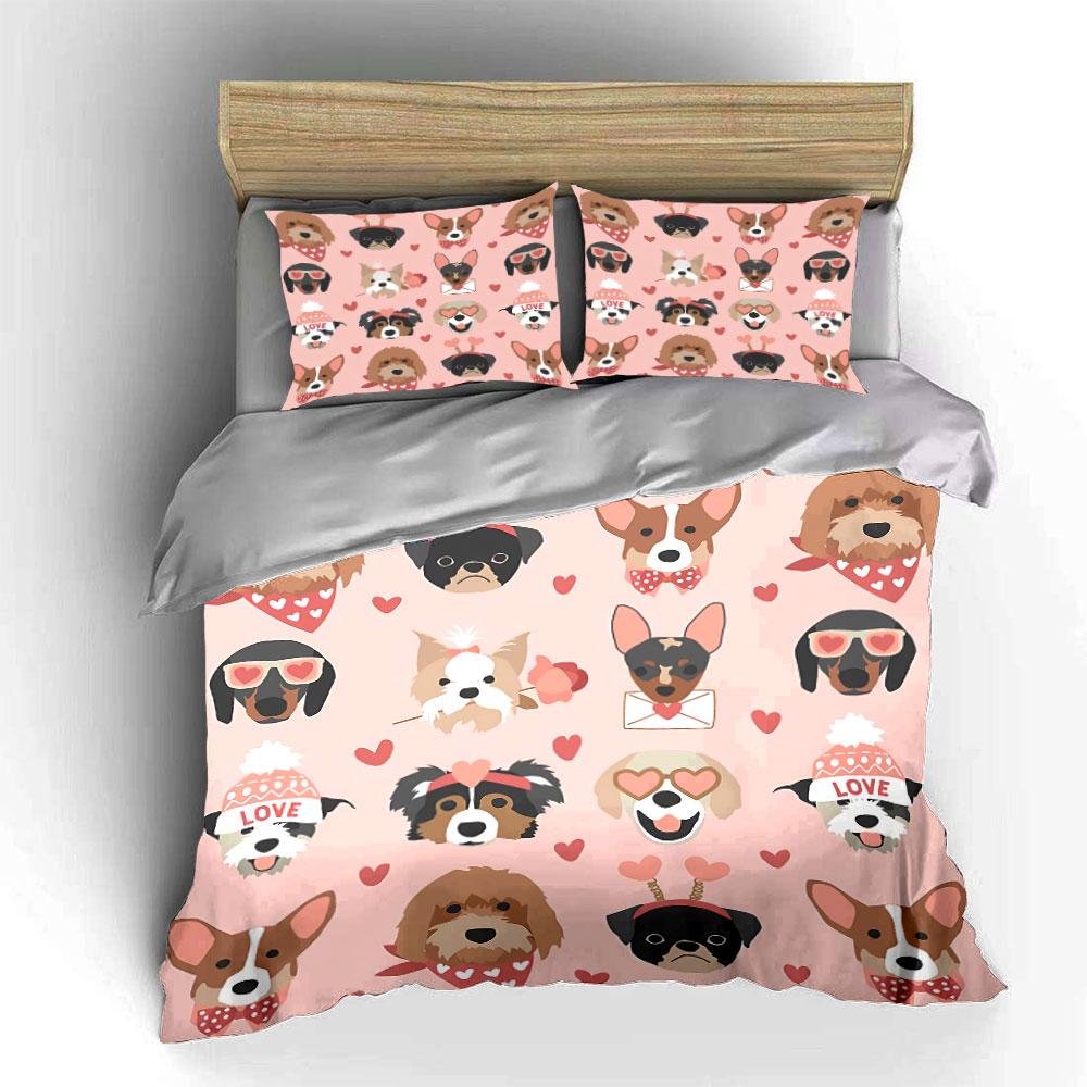 Cute Dogs with Hearts Pattern Bedding Duvet Cover Set Duvet Cover Pillowcases (1*Duvet Cover 2*Pillowcases, Without Duvet Insert)