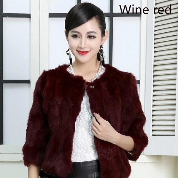 Lady Real Genuine Rabbit Fur 3/4 Sleeve Outwear Winter Warm Jacket Furry Coat