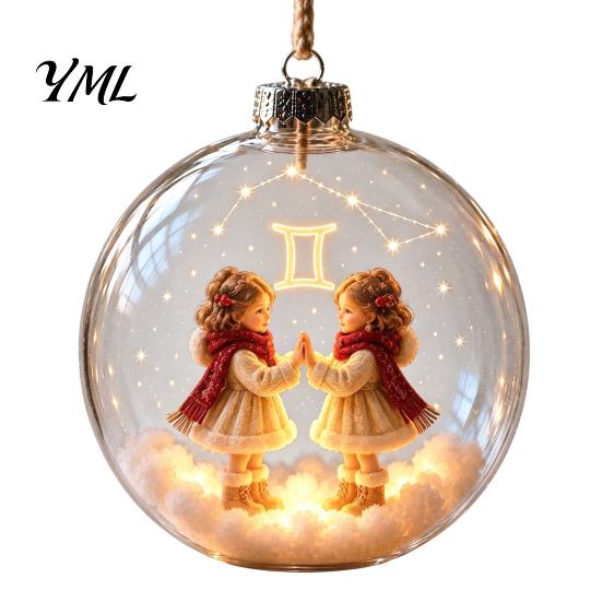Weihnachtsbaum-Hängedekorationen Beleuchteter Sternzeichen-Weihnachtsschmuck, Leuchtende Schilderkugel mit Warm-LED, Saisonale Dekorationen für den Kamin 3D Klar