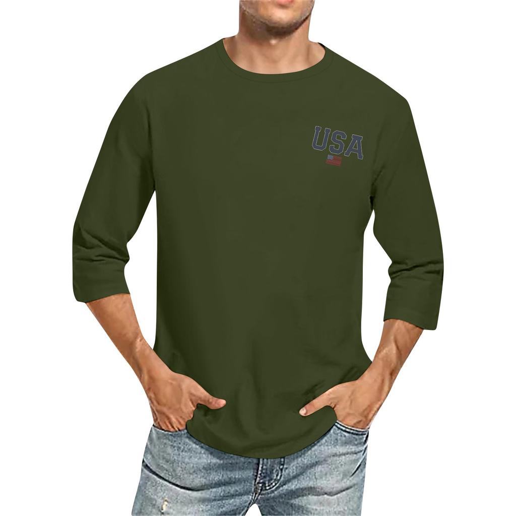 Men's casual and fashionable printed collar three-quarter sleeve top T-shirt